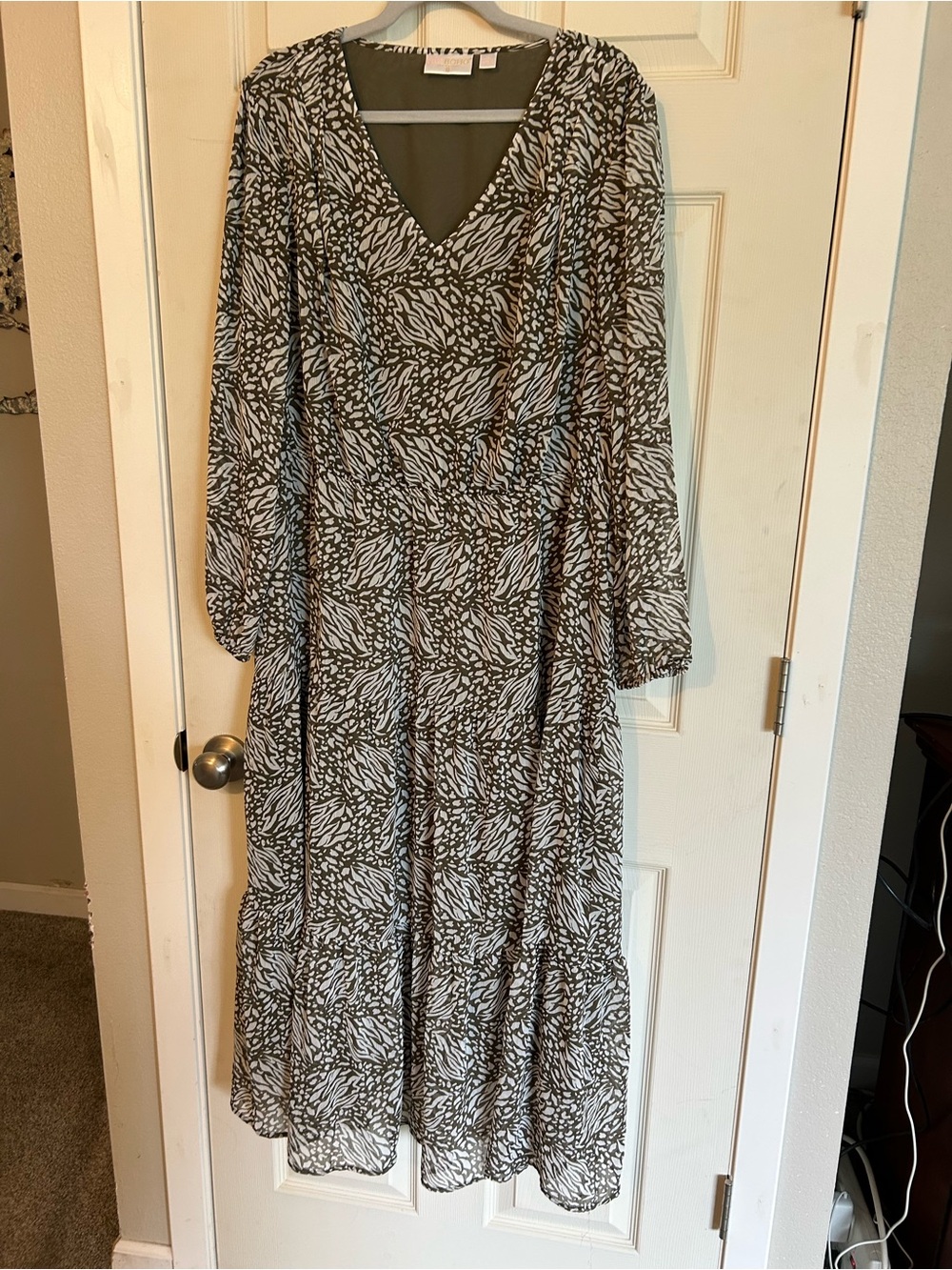 Belle by Kim Gravel Olive Green & White V-Neck Midi Dress